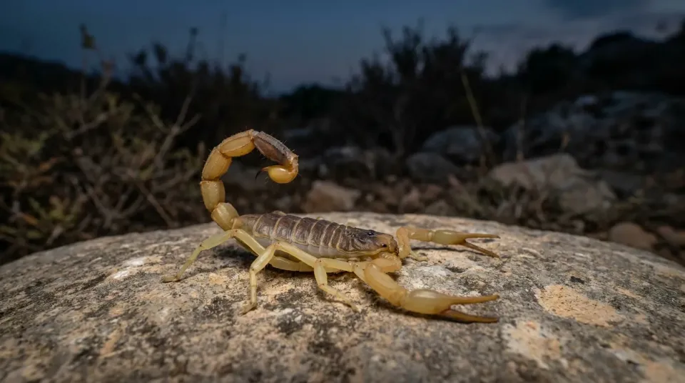 Escorpión amarillo con la cola levantada sobre una piedra al anochecer
