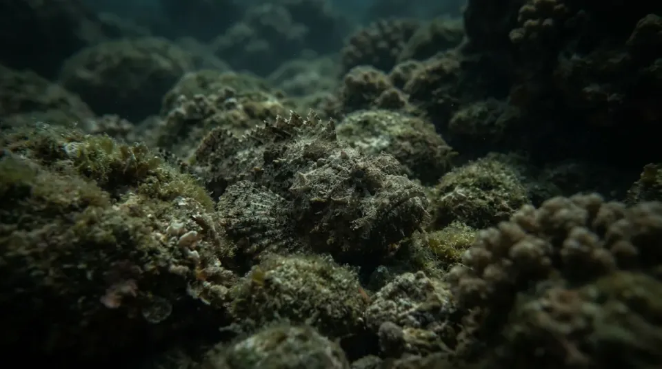 Pez piedra camuflado entre rocas y coral en un arrecife poco profundo