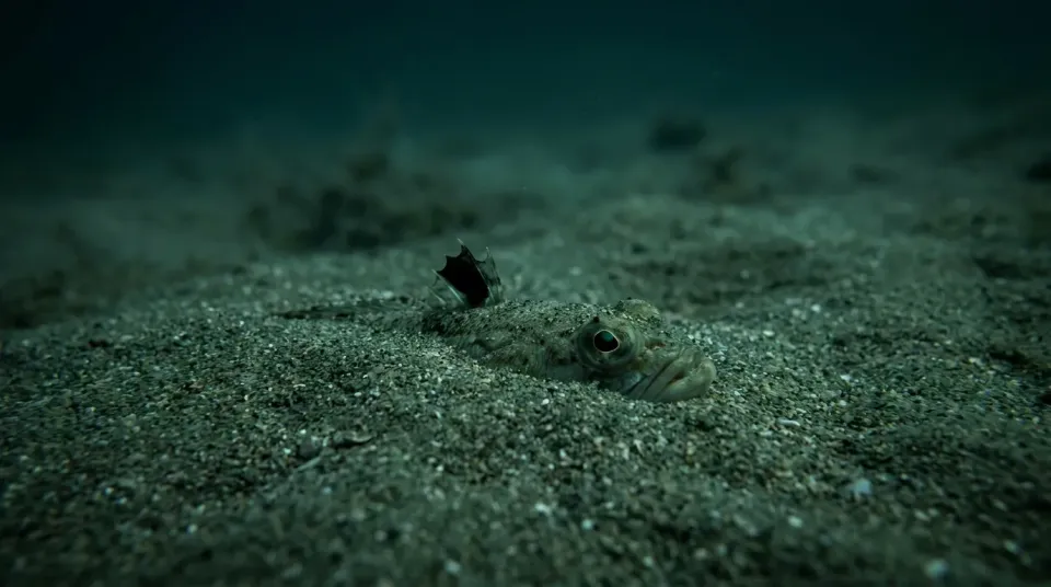 Pez araña semienterrado en la arena del fondo marino, con la aleta dorsal negra asomando
