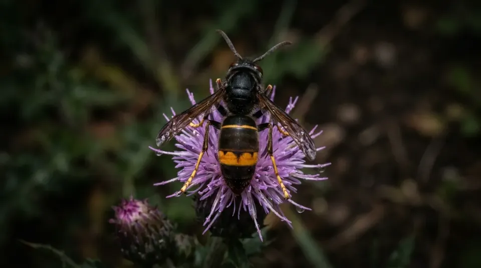 Avispa asiática de tórax negro y cuarto segmento del abdomen amarillo posada sobre una flor
