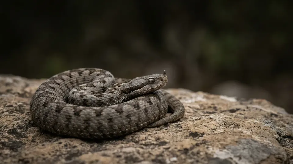 Víbora hocicuda (Vipera latastei) enrollada sobre una roca, con su dibujo en zigzag en el dorso