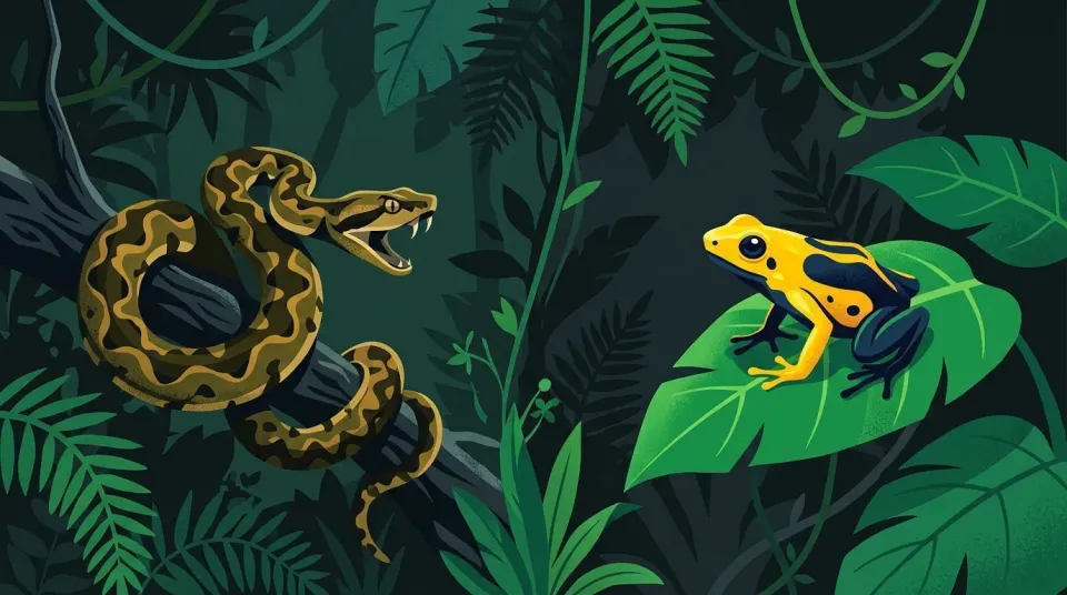 Comparación entre una víbora en posición de ataque y una rana dardo de colores vivos