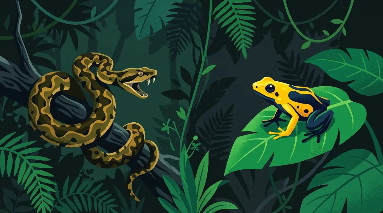 Comparación entre una víbora en posición de ataque y una rana dardo de colores vivos