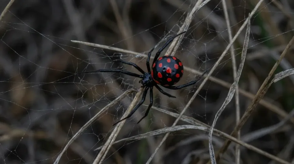 Viuda negra mediterránea sobre su telaraña entre la hierba, con las manchas rojas del abdomen visibles
