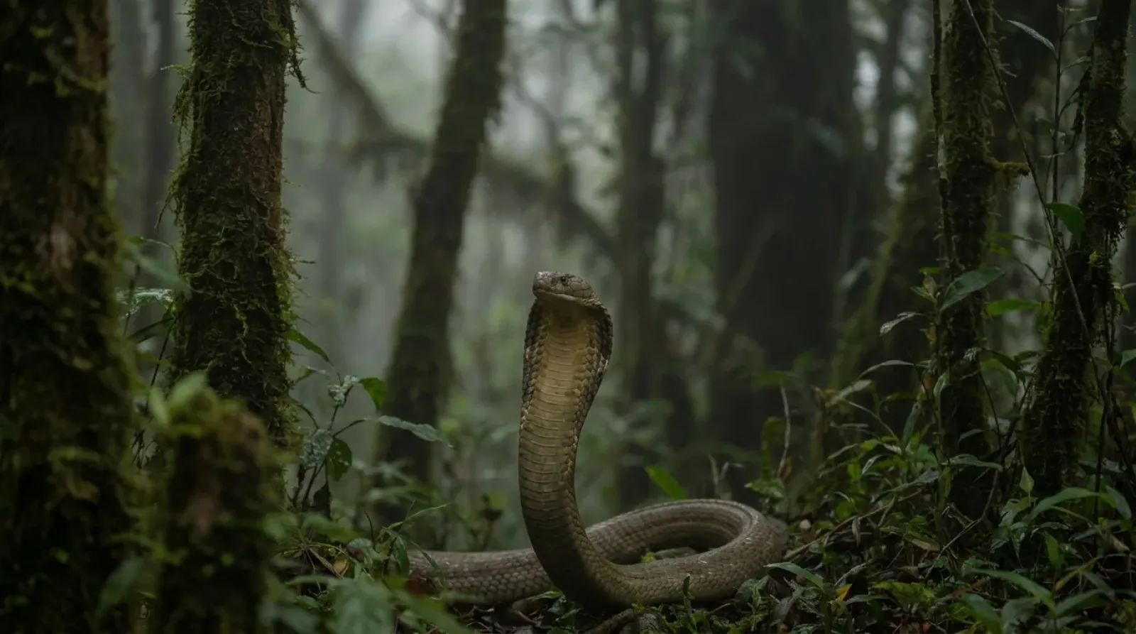 Cobra real con la capucha desplegada en un bosque del sudeste asiático