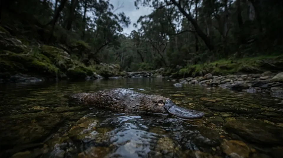Ornitorrinco nadando en un arroyo de Australia, con el hocico plano parecido al de un pato