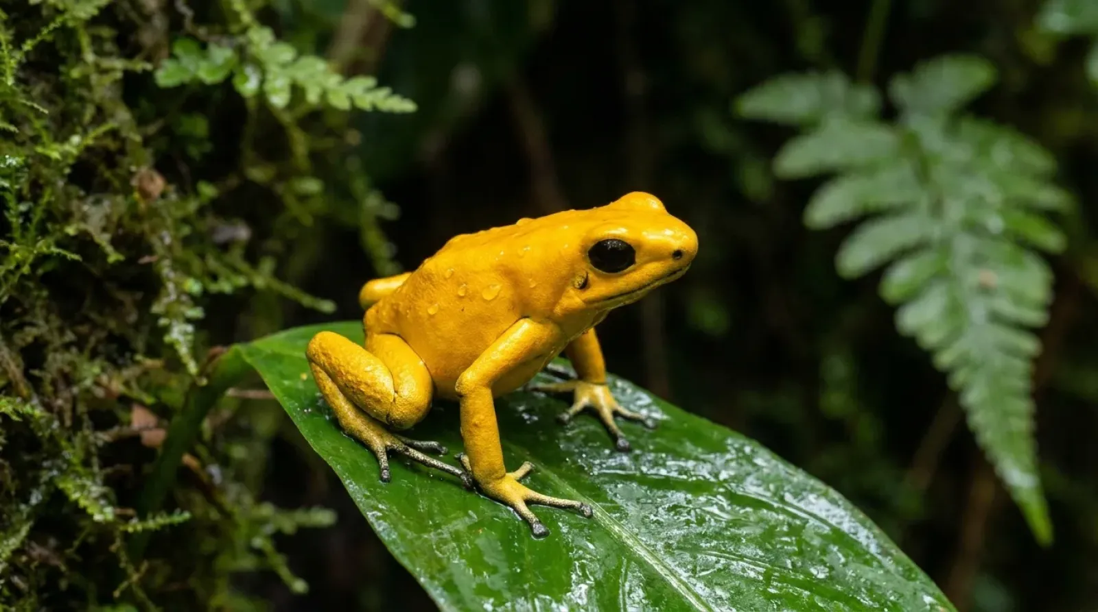 Rana dardo dorada de color amarillo vivo sobre una hoja húmeda de la selva