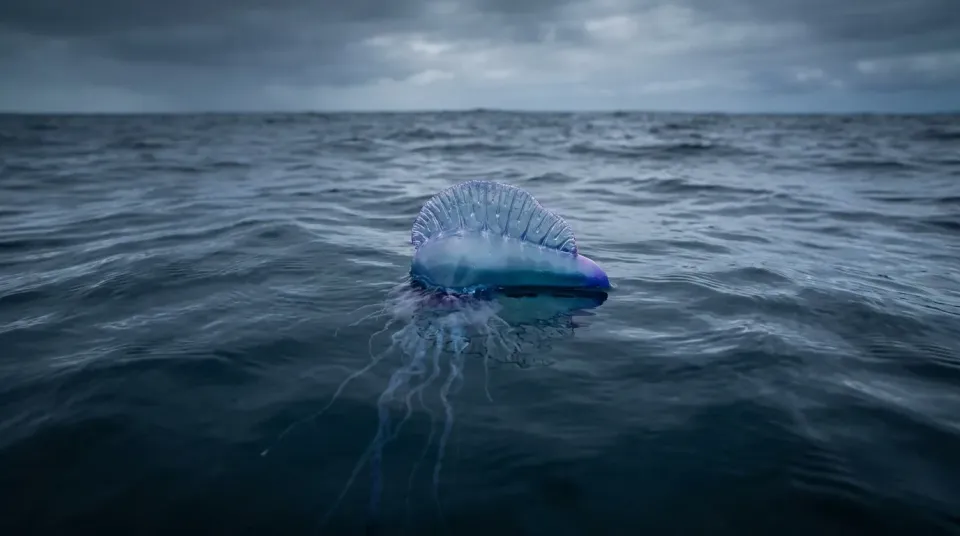 Carabela portuguesa con su flotador azul violáceo y largos tentáculos flotando en el mar